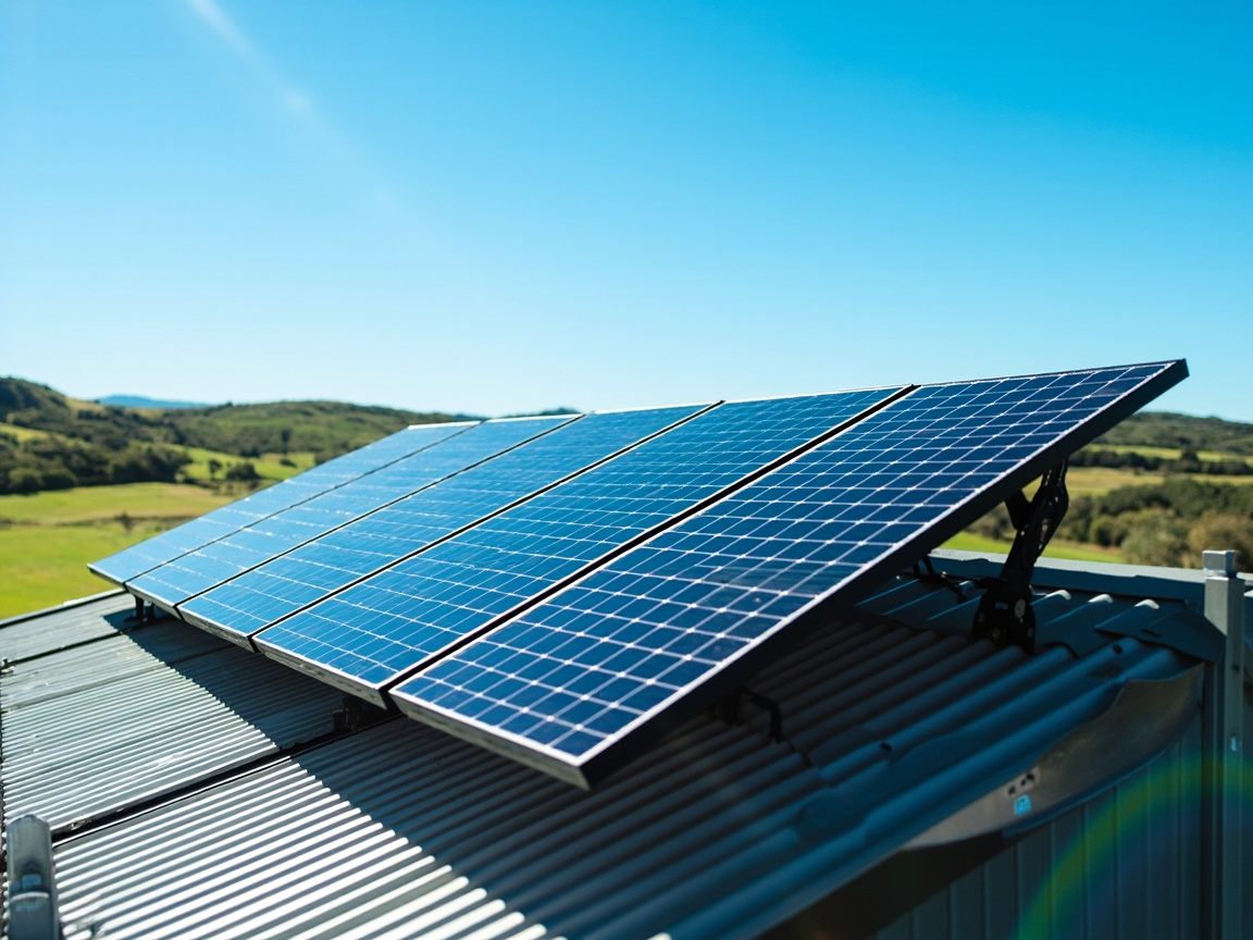 Solar photovoltaic panels on a New Zealand farm outbuilding roof with green paddocks in background
